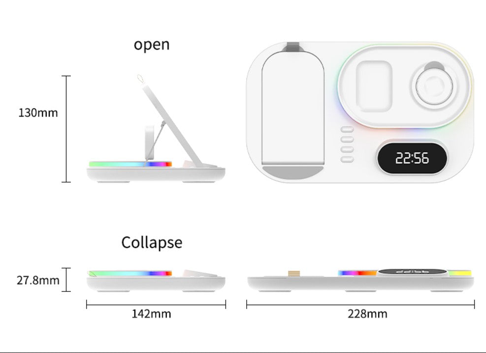 3in1 30W Wireless Charger with Clock, Fast Charging RGB Atmosphere Light - White