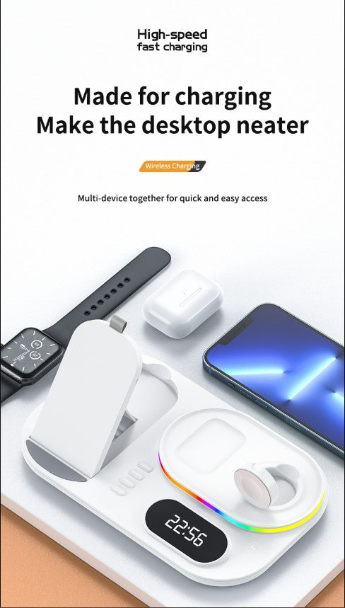 3in1 30W Wireless Charger with Clock, Fast Charging RGB Atmosphere Light - White