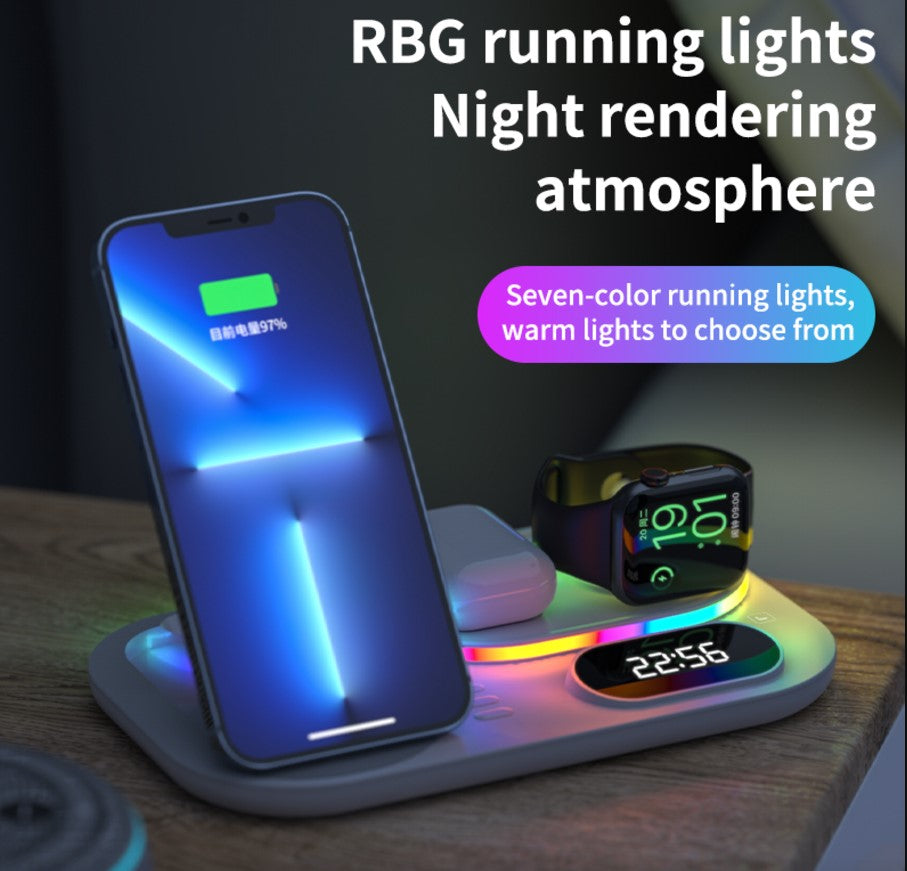 3in1 30W Wireless Charger with Clock, Fast Charging RGB Atmosphere Light - Black