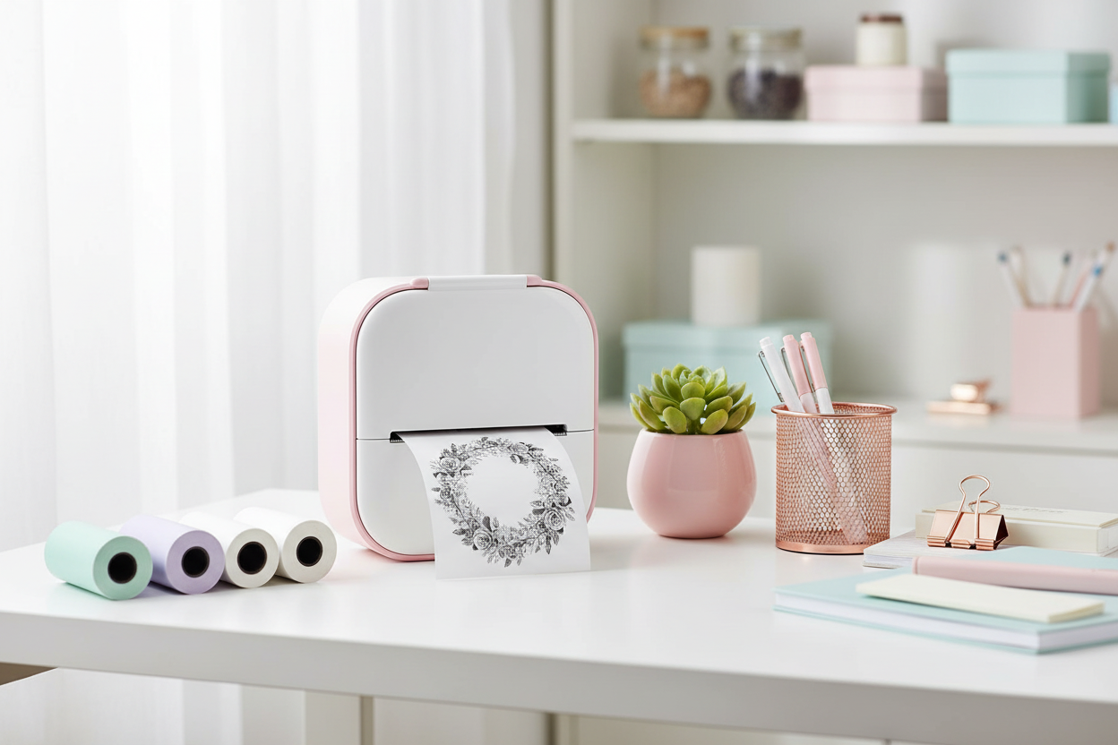 Pink thermal printer styled shot